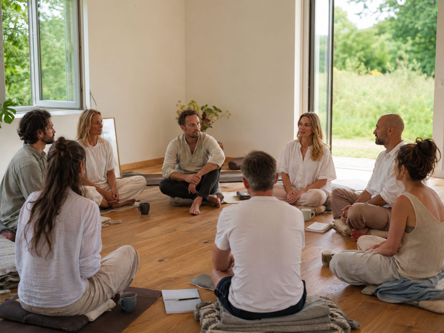 Bright indoor circle with a facilitator during a Practitioners Retreat
